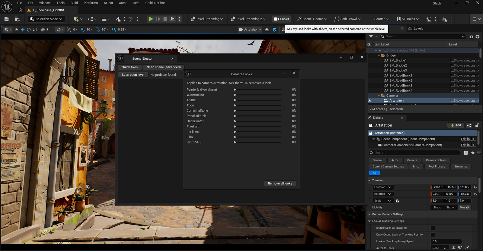 The Looks window in the Unreal Engine editor, with one slider per look