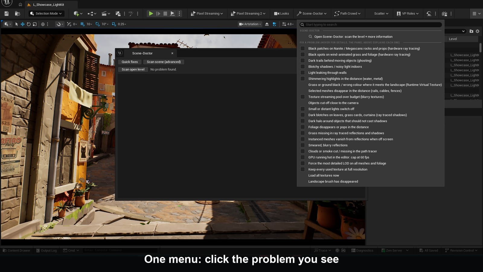 The Scene-Doctor menu in the Unreal Engine toolbar, listing problems by what you see